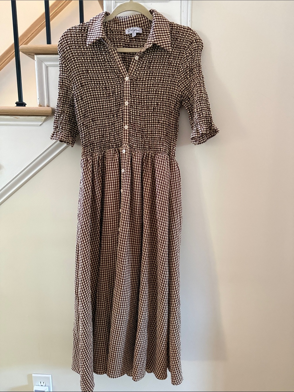 Polagram Brown Check Button-Front Midi Dress - maternity